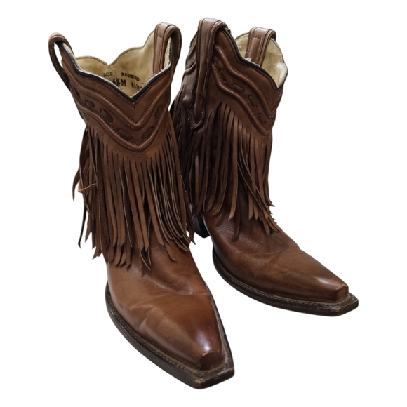 CORRAL Cowgirl Fringe Whip Stitch Short Boot Snip Toe Cognac Leather Women 6.5 - Picture 1 of 12